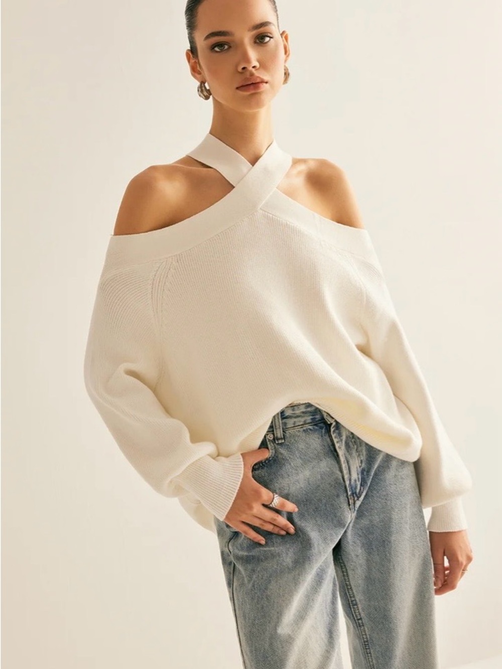 Commense Cross-Over Collar Cold Shoulder Sweater